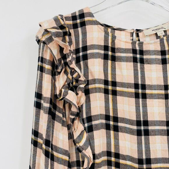 LOFT Size Medium Pink & Black Plaid Ruffled Long Sleeve Keyhole Back Top - Picture 4 of 9